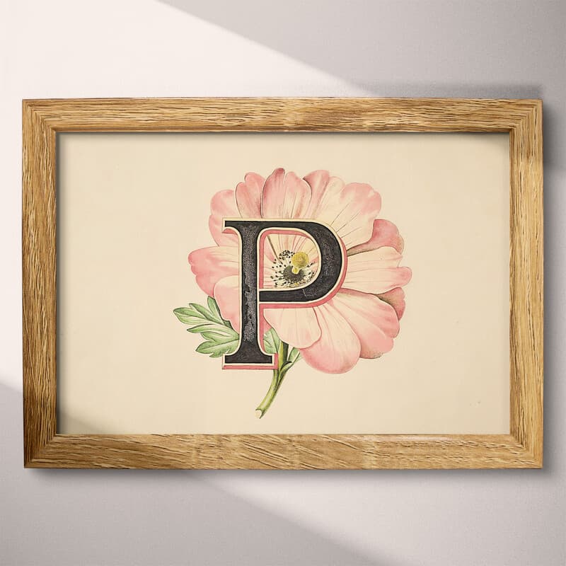 Full frame view of A vintage pastel pencil illustration, the letter "P" with a flower