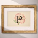 Matted frame view of A vintage pastel pencil illustration, the letter "P" with a flower