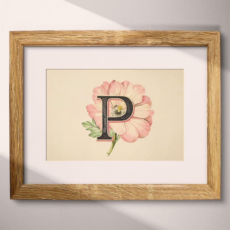 Matted frame view of A vintage pastel pencil illustration, the letter "P" with a flower