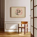 Room view with a full frame of A vintage pastel pencil illustration, the letter "P" with a flower