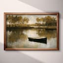 Full frame view of An impressionist oil painting, pond with a small boat, trees full of leaves in the distance