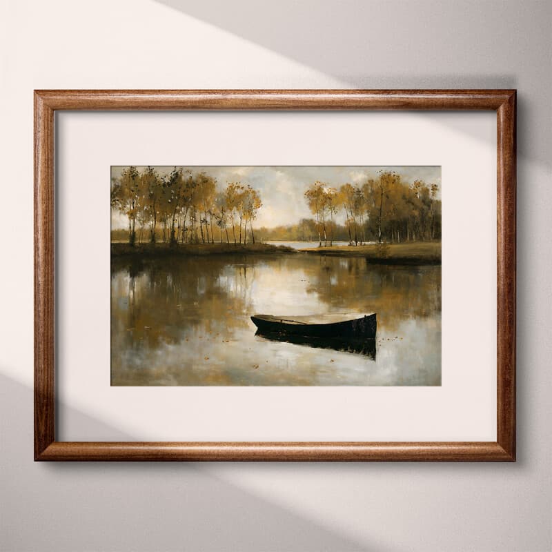 Matted frame view of An impressionist oil painting, pond with a small boat, trees full of leaves in the distance