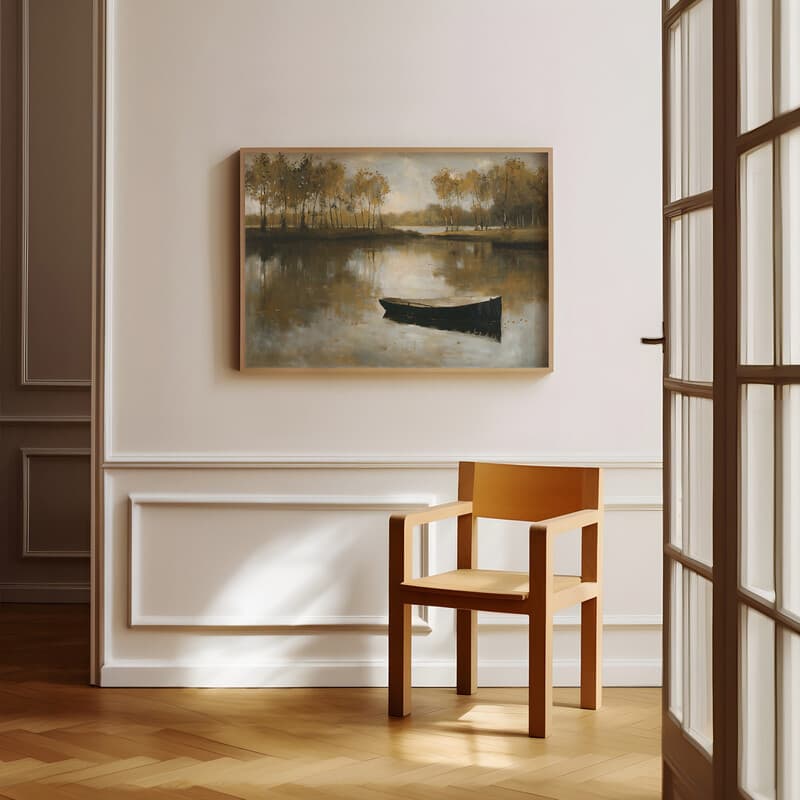 Room view with a full frame of An impressionist oil painting, pond with a small boat, trees full of leaves in the distance