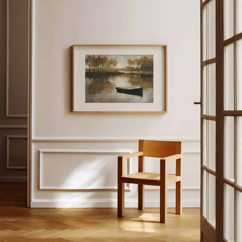 Room view with a matted frame of An impressionist oil painting, pond with a small boat, trees full of leaves in the distance