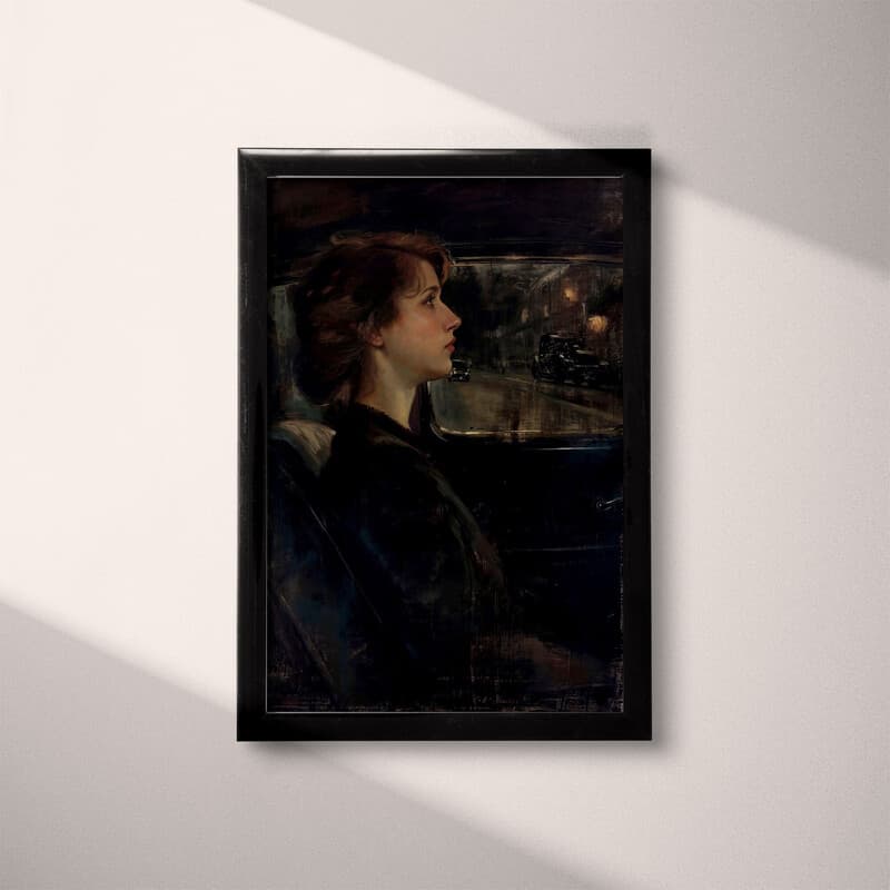 Full frame view of A vintage oil painting, portrait of a woman in a car, side view