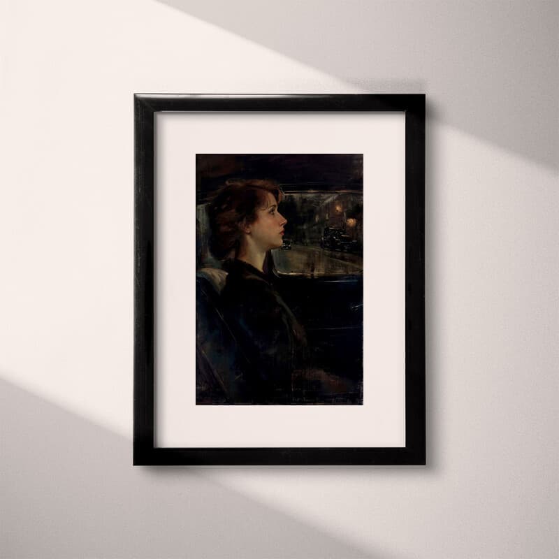 Matted frame view of A vintage oil painting, portrait of a woman in a car, side view