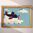 Full frame view of A cute simple illustration with simple shapes, a bear flying a plane, side view, clouds