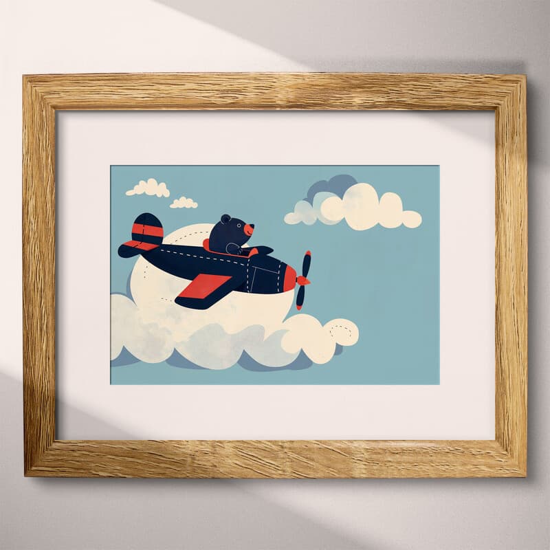 Matted frame view of A cute simple illustration with simple shapes, a bear flying a plane, side view, clouds