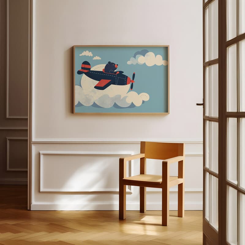 Room view with a full frame of A cute simple illustration with simple shapes, a bear flying a plane, side view, clouds