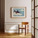 Room view with a matted frame of A cute simple illustration with simple shapes, a bear flying a plane, side view, clouds