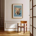 Room view with a matted frame of A cute chibi anime pastel pencil illustration, a pig