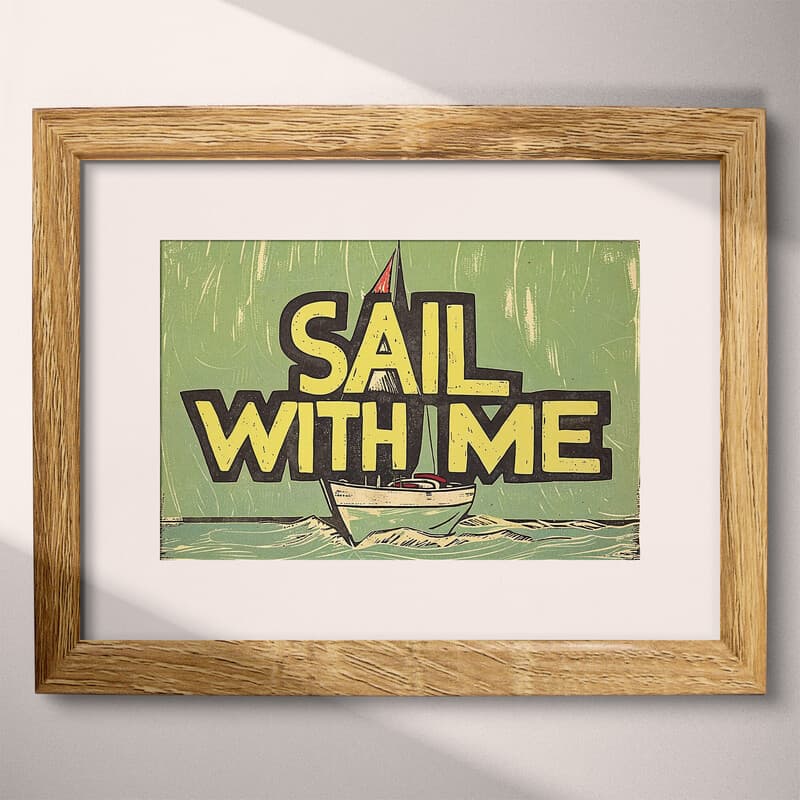 Matted frame view of A vintage linocut print, the words "SAIL WITH ME" with a sailboat