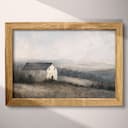 Full frame view of A rustic oil painting, a farmhouse, gray sky, hills in the distance