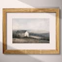 Matted frame view of A rustic oil painting, a farmhouse, gray sky, hills in the distance