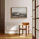 Room view with a full frame of A rustic oil painting, a farmhouse, gray sky, hills in the distance