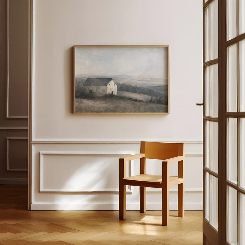 Room view with a full frame of A rustic oil painting, a farmhouse, gray sky, hills in the distance