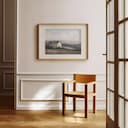 Room view with a matted frame of A rustic oil painting, a farmhouse, gray sky, hills in the distance