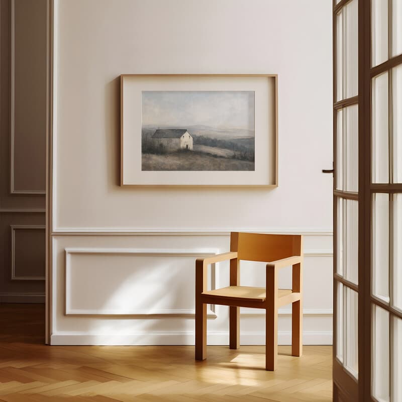 Room view with a matted frame of A rustic oil painting, a farmhouse, gray sky, hills in the distance