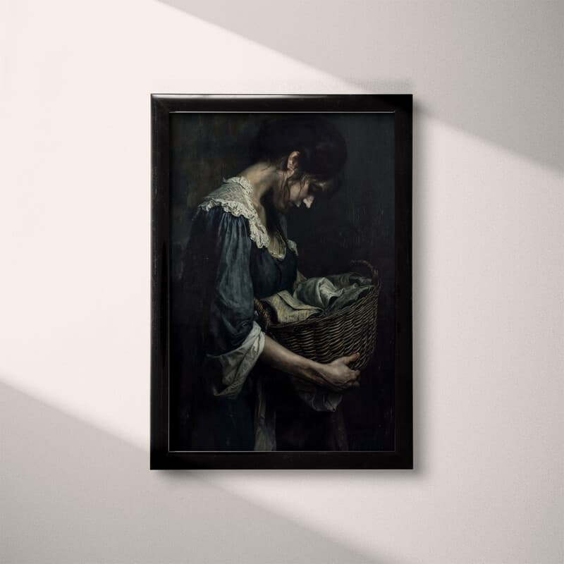 Full frame view of A vintage oil painting, a woman holding a basket of laundry, her head down