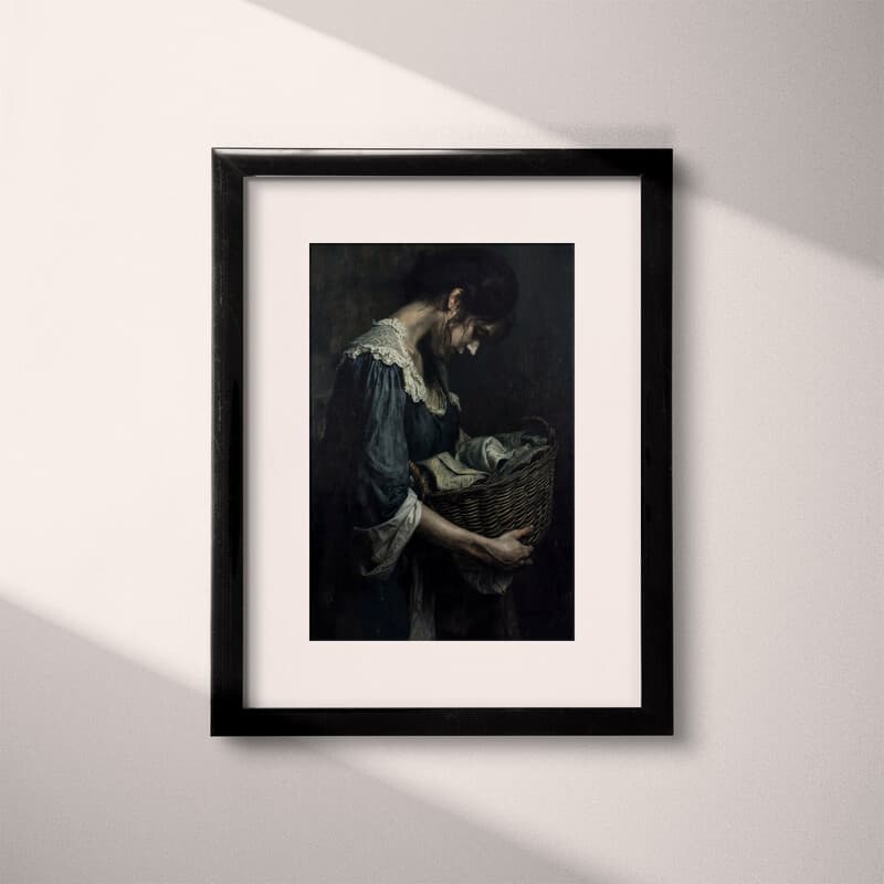 Matted frame view of A vintage oil painting, a woman holding a basket of laundry, her head down