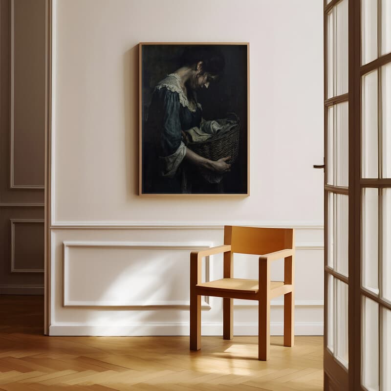 Room view with a full frame of A vintage oil painting, a woman holding a basket of laundry, her head down