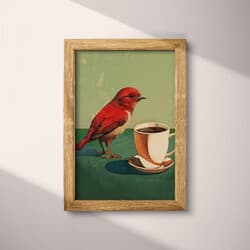 Bird Art | Bird Wall Art | Animals Print | Green, Brown, Beige and Orange Decor | Contemporary Wall Decor | Kitchen & Dining Digital Download | Housewarming Art | Autumn Wall Art | Pastel Pencil Illustration