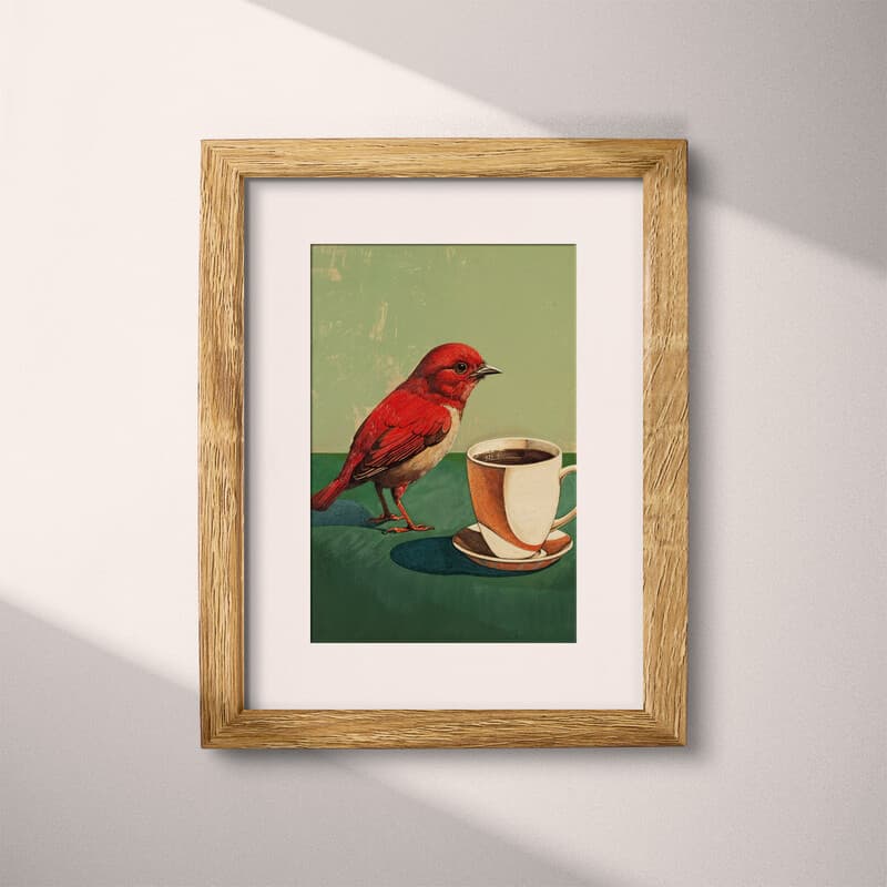 Matted frame view of A contemporary pastel pencil illustration, a bird next to a cup of coffee