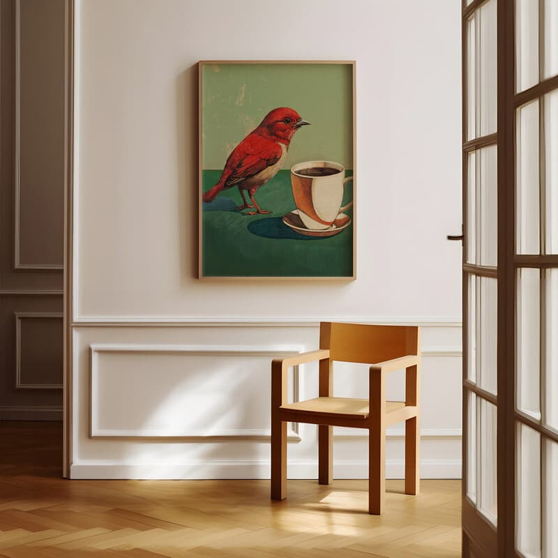 Room view with a full frame of A contemporary pastel pencil illustration, a bird next to a cup of coffee