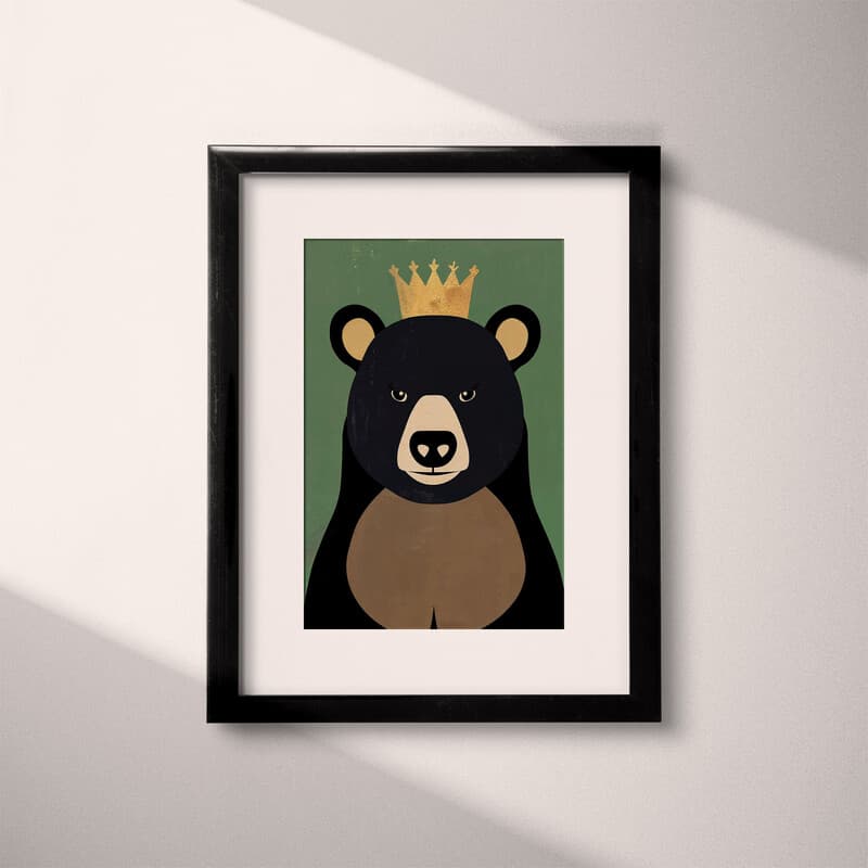 Matted frame view of A cute simple illustration with simple shapes, portrait of a bear with a crown on its head, front view