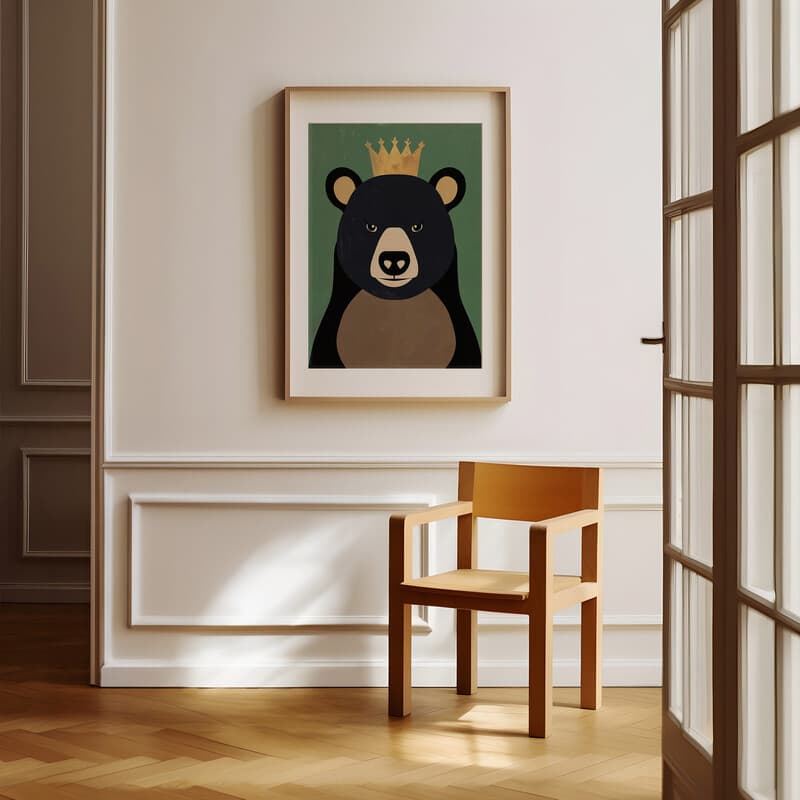 Room view with a matted frame of A cute simple illustration with simple shapes, portrait of a bear with a crown on its head, front view