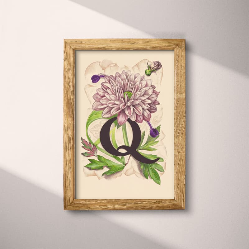 Full frame view of A vintage pastel pencil illustration, the letter "Q" with a flower