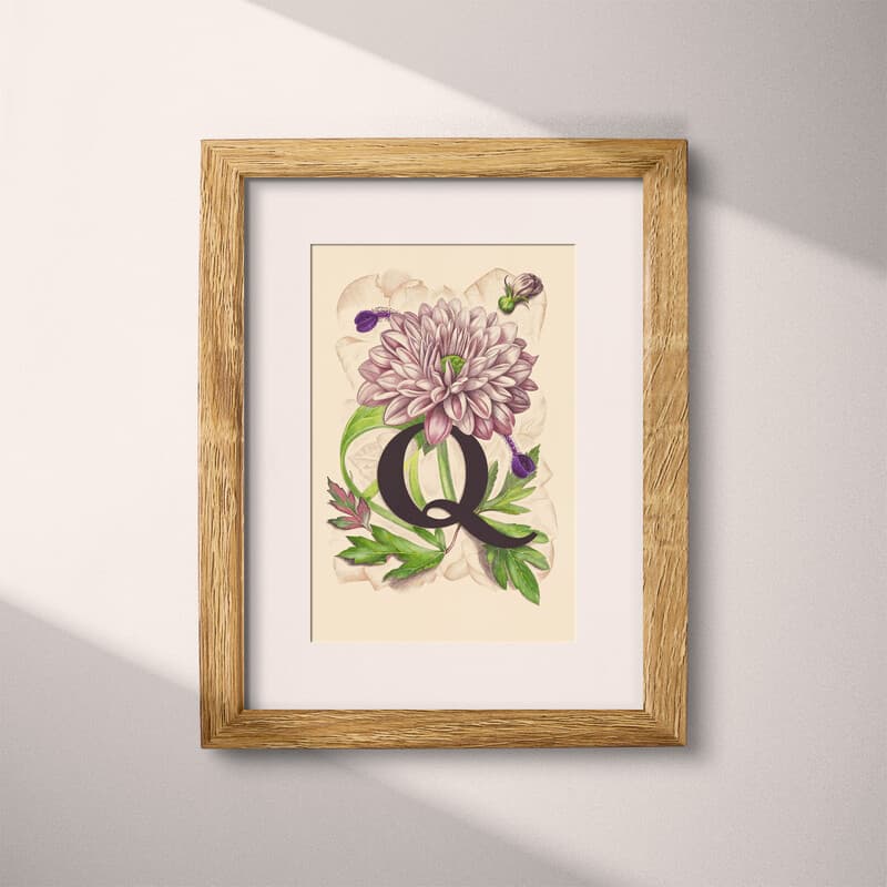 Matted frame view of A vintage pastel pencil illustration, the letter "Q" with a flower