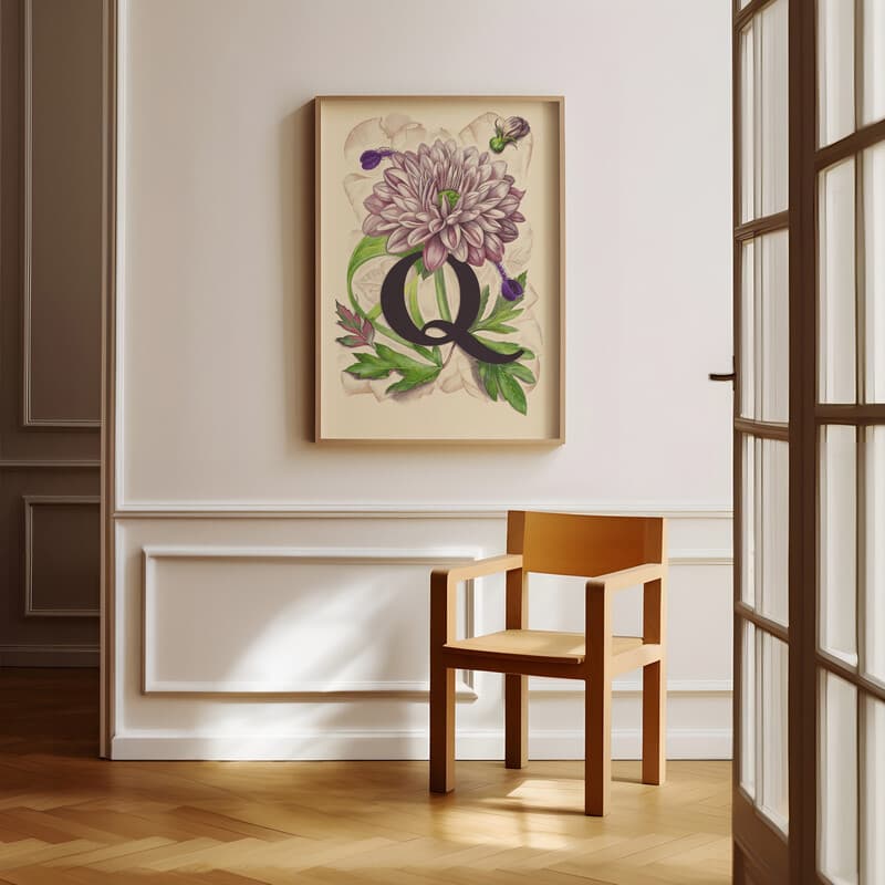 Room view with a full frame of A vintage pastel pencil illustration, the letter "Q" with a flower