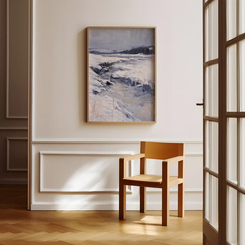 Room view with a full frame of An impressionist oil painting, frozen tundra