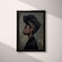 Full frame view of An afrofuturism oil painting, a woman with a head wrap, side view