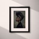 Matted frame view of An afrofuturism oil painting, a woman with a head wrap, side view