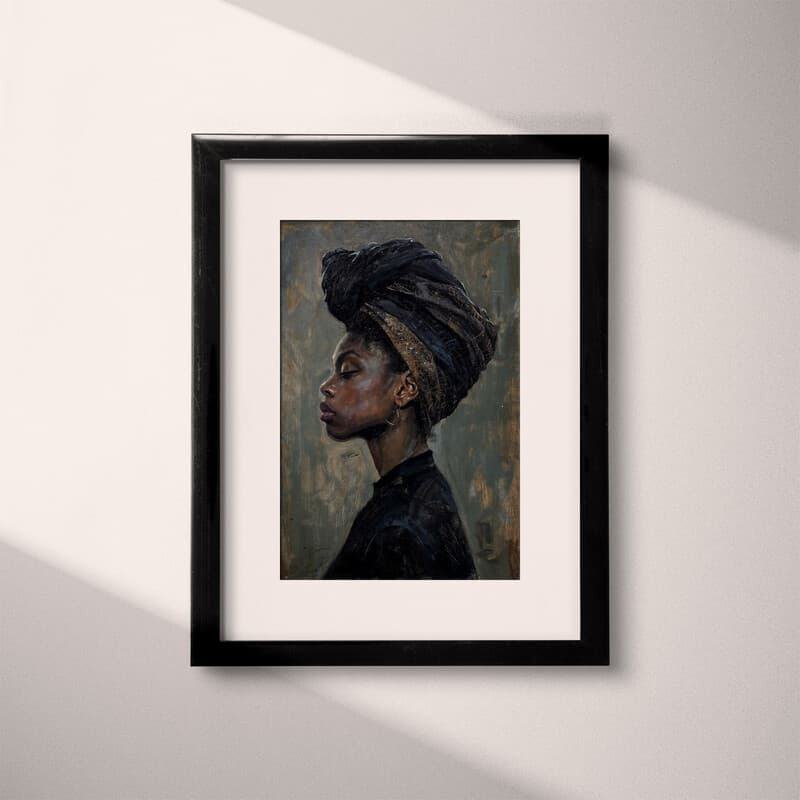 Matted frame view of An afrofuturism oil painting, a woman with a head wrap, side view