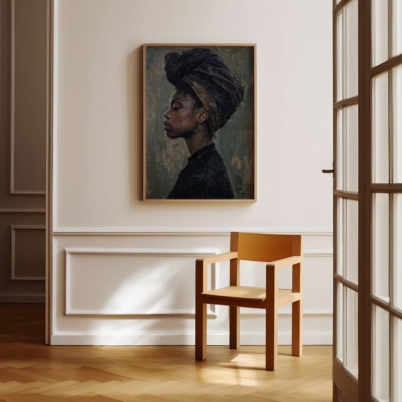 Room view with a full frame of An afrofuturism oil painting, a woman with a head wrap, side view