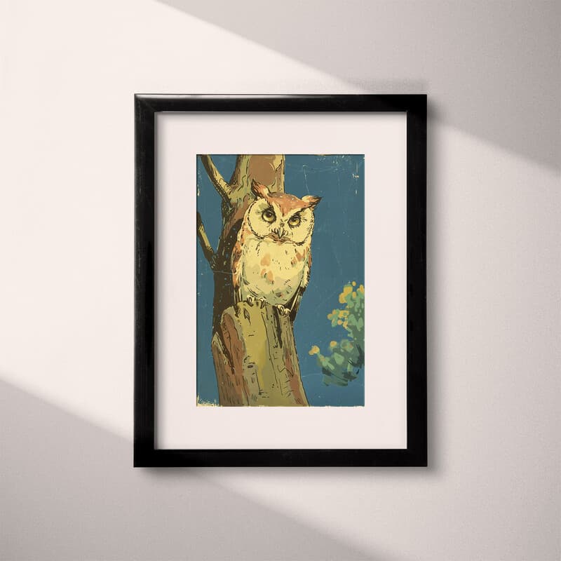 Matted frame view of A vintage cartoon drawing, an owl in a tree