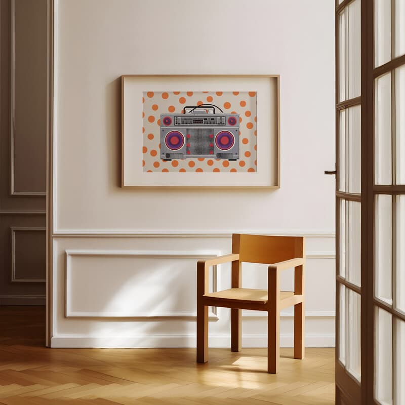 Room view with a matted frame of A cute simple illustration with simple shapes, a boombox