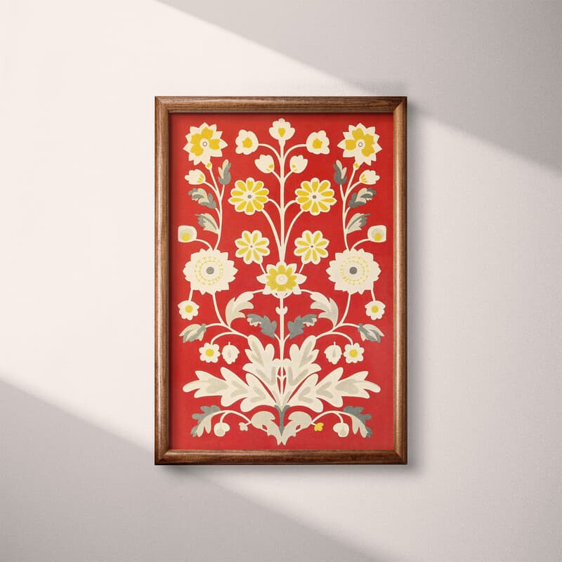 Full frame view of A bohemian textile print, symmetric floral block pattern