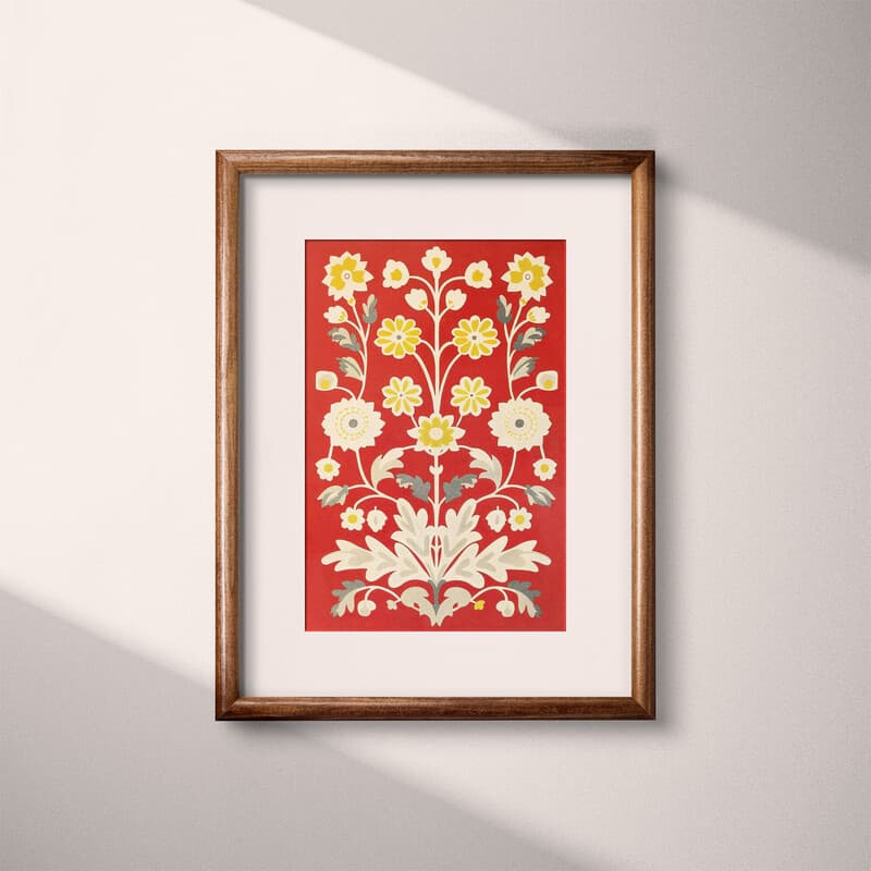 Matted frame view of A bohemian textile print, symmetric floral block pattern