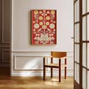 Room view with a full frame of A bohemian textile print, symmetric floral block pattern