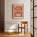 Room view with a matted frame of A bohemian textile print, symmetric floral block pattern