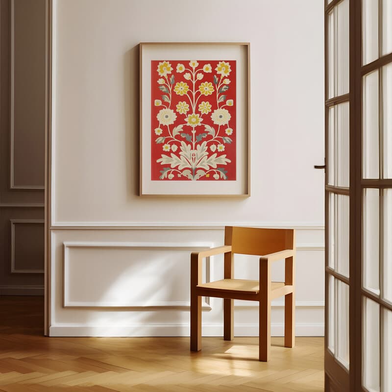 Room view with a matted frame of A bohemian textile print, symmetric floral block pattern