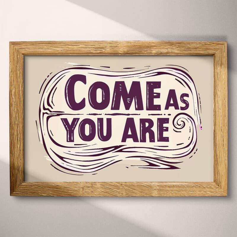 Full frame view of A minimalist linocut print, the words "COME AS YOU ARE"