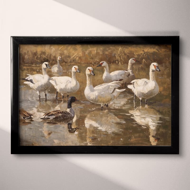 Full frame view of An impressionist oil painting, a group of geese in a pond, distant view