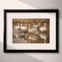 Matted frame view of An impressionist oil painting, a group of geese in a pond, distant view