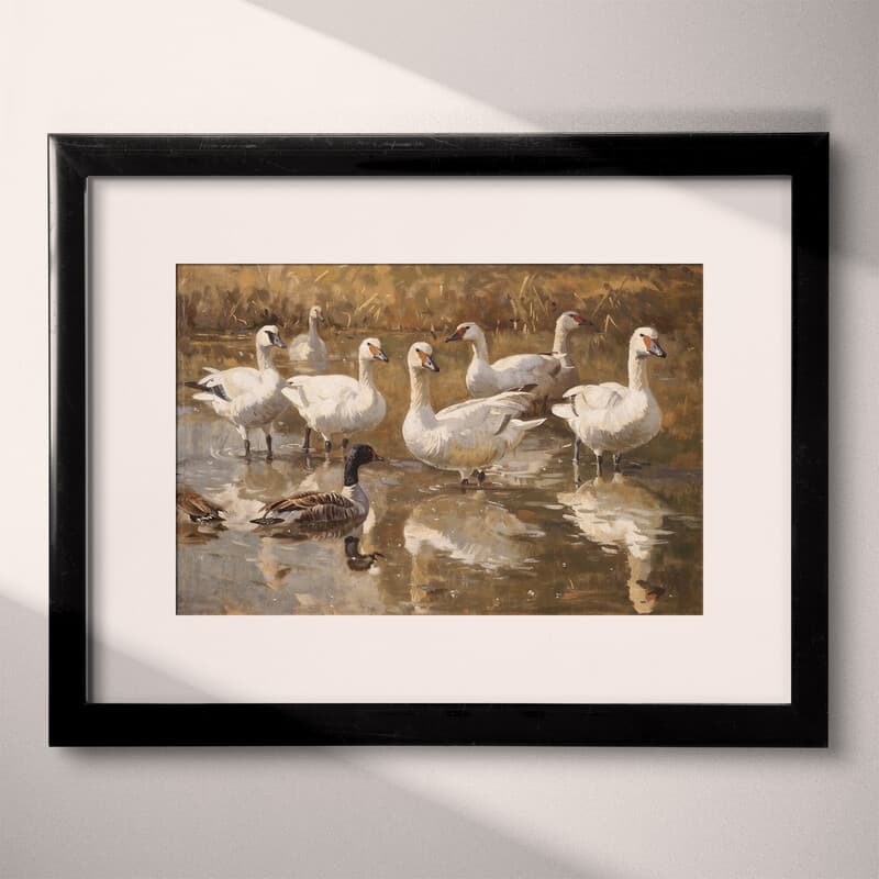 Matted frame view of An impressionist oil painting, a group of geese in a pond, distant view