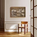 Room view with a full frame of An impressionist oil painting, a group of geese in a pond, distant view